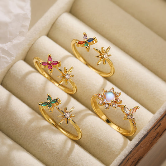 Flower 18k Gold Plated Zircon Open Rings