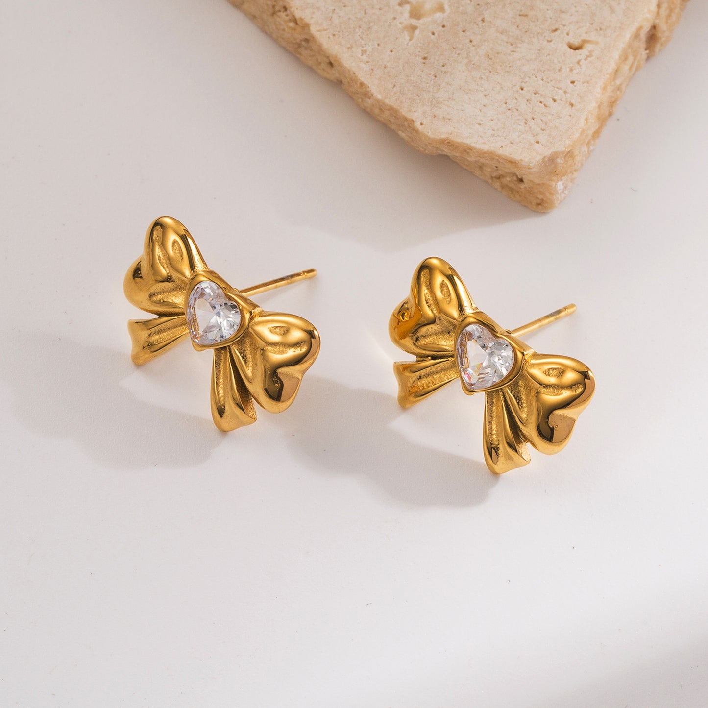 Heart Shape Bow Knot  Zircon 18K Gold Plated Ear Studs