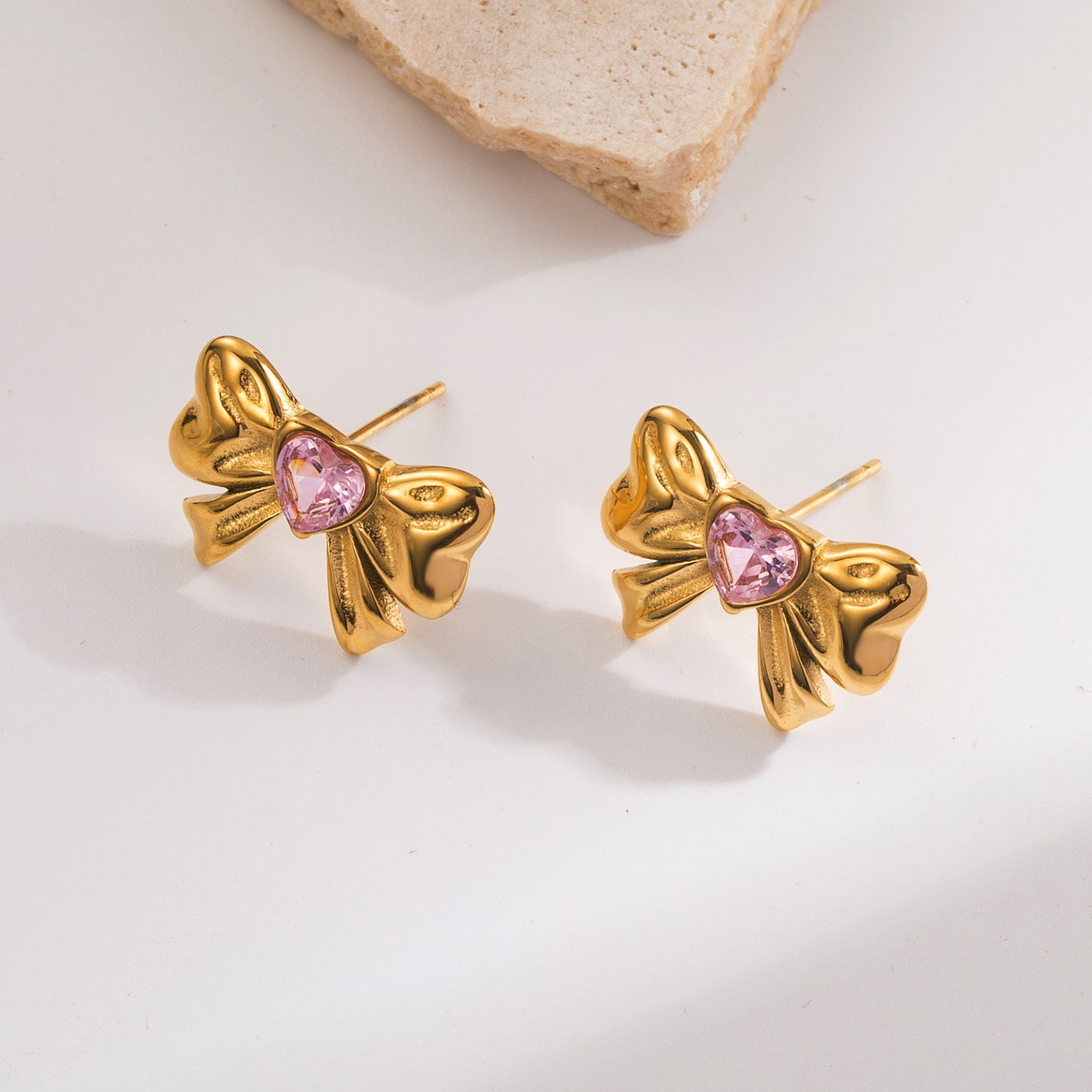 Heart Shape Bow Knot  Zircon 18K Gold Plated Ear Studs