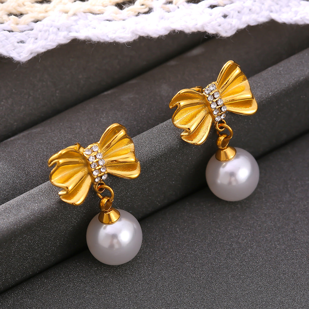 Bow Knot Pearls Rhinestones 18K Gold Plated Drop Earrings