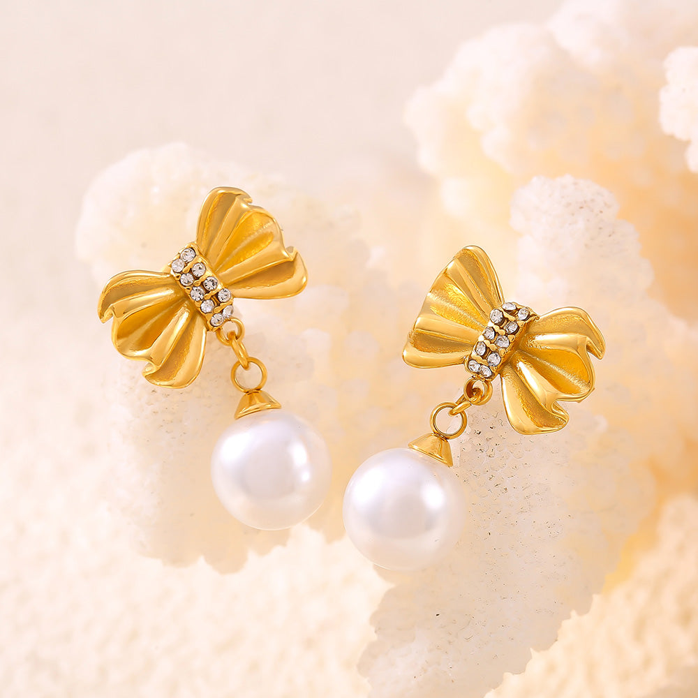 Bow Knot Pearls Rhinestones 18K Gold Plated Drop Earrings