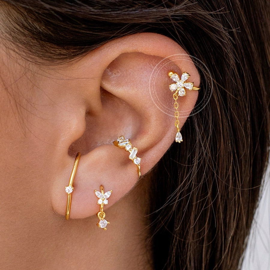 1 Set Sweet Classic Style Flower Butterfly Zircon 18K Gold Plated Ear Cuffs