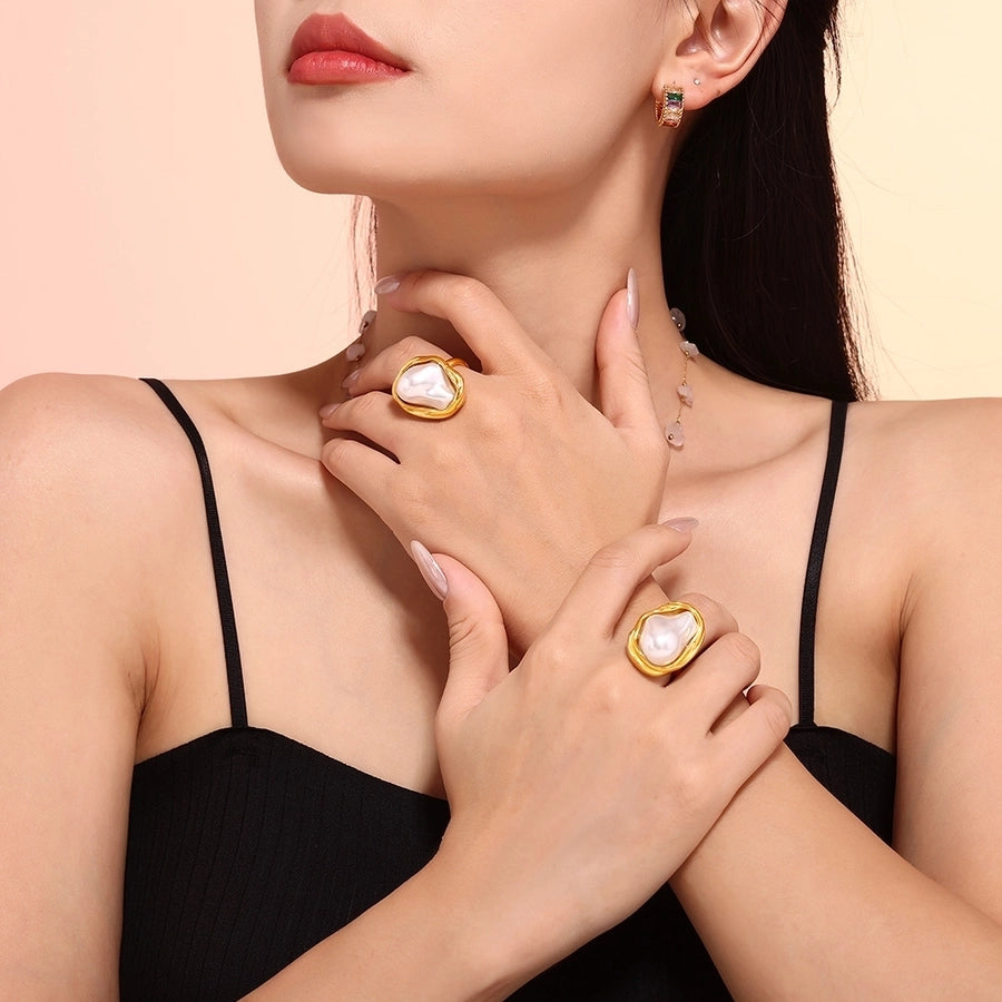 Luxurious Pearl 18K Gold Plated Open Rings